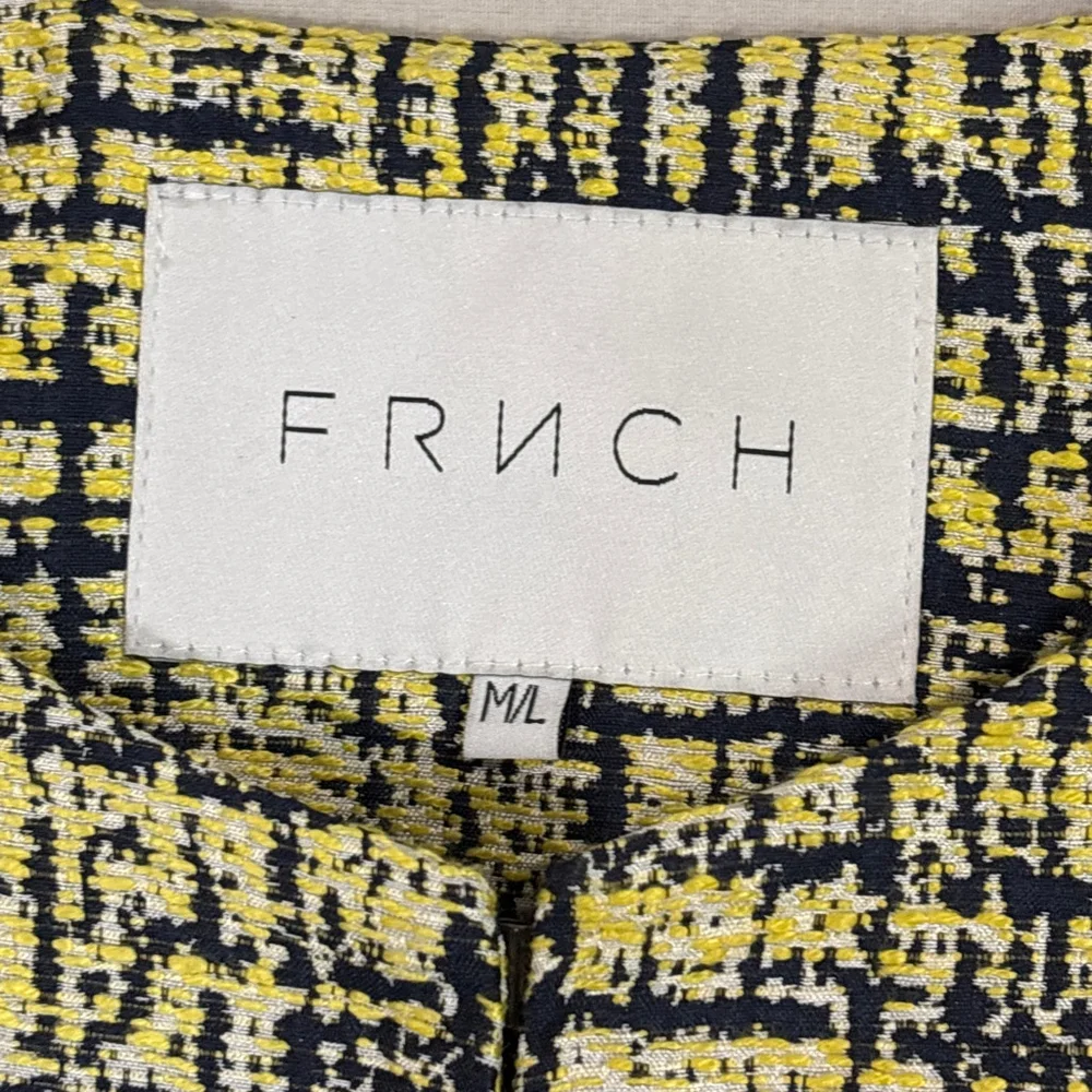 FRNCH Paris Yellow Blue Tweed Long Jacket M/L | Clasp Closure Coat